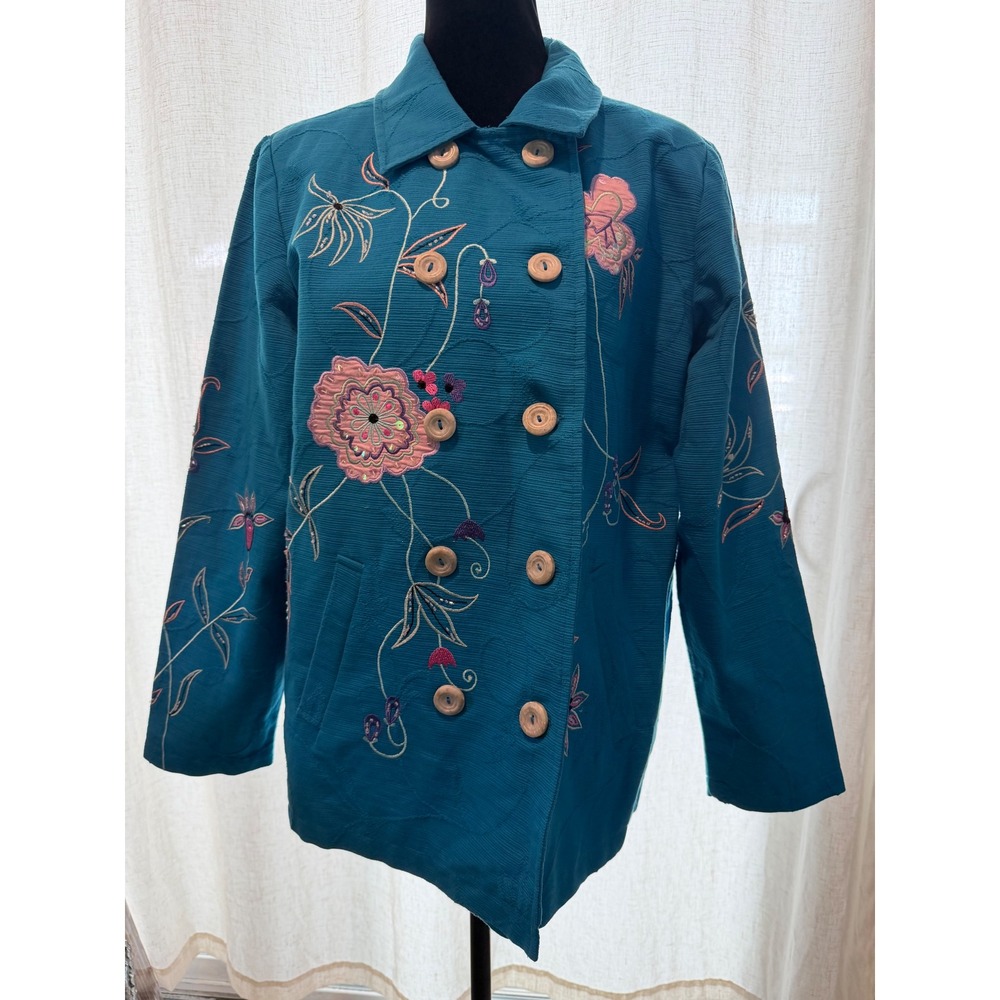 Alex Kin Teal Blue Floral Embroidered Sequin Button Front Jacket Women Medium